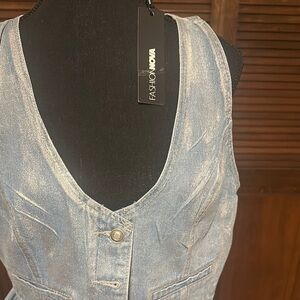 Fashion Nova Light Blue silver Denim Vest and matching wide leg distressed pants
